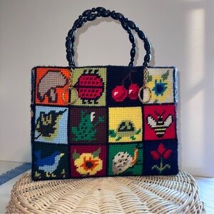 Vintage Purse Tote Retro 70's Handmade Needlepoint Patchwork Bob Miller Ecology